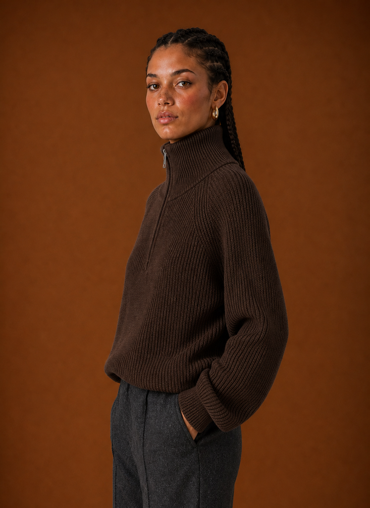 Side profile of the quarter-zip knit sweater showing the zip neckline and sleeve shape