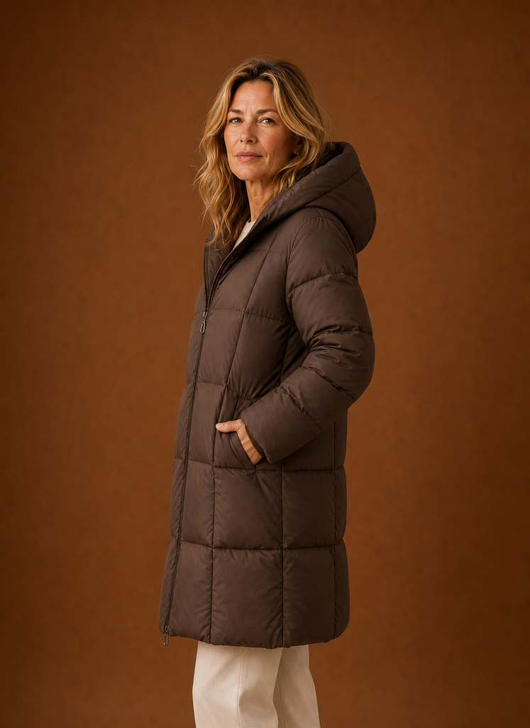 Side profile of women's long hooded puffer coat showing length and hood
