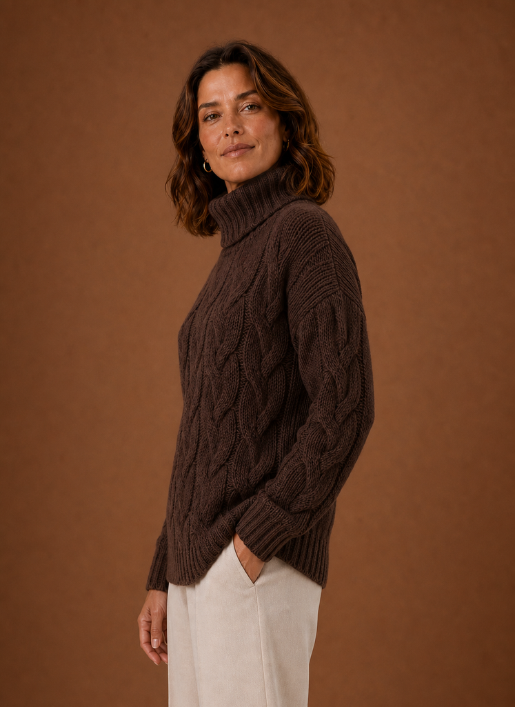 Side profile of Areleon cable knit sweater showing sleeve shape and drape
