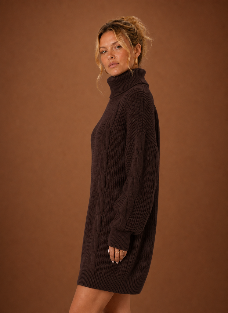 Side view of women's turtleneck sweater dress highlighting the profile and drape