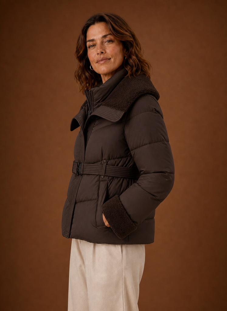Side profile showing the belted waist and silhouette of the puffer jacket