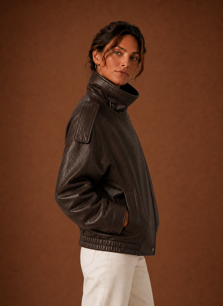Side profile of the Funnel Neck Jacket highlighting collar height and sleeve length.