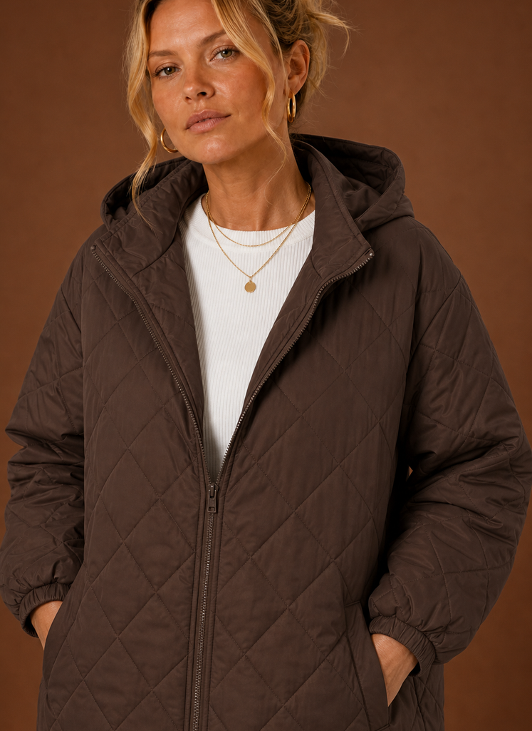 Women's Long Quilted Hooded Winter Coat closeup view