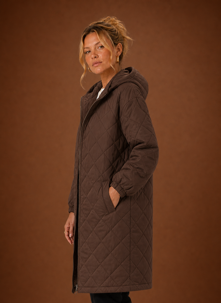 Women's Long Quilted Hooded Winter Coat side view