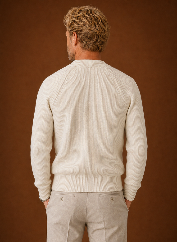 Back view of men's ribbed henley shirt showing clean ribbed texture
