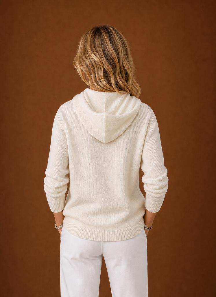 Back view of Areleon women's hooded button-up cardigan showing the hood