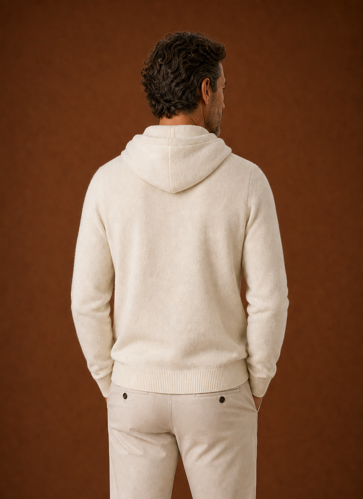 Back view of Areleon men's knitted hooded pullover with hood raised