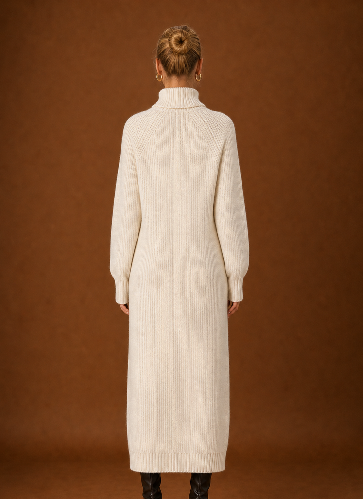 Back view of ribbed knit maxi sweater dress with high turtleneck