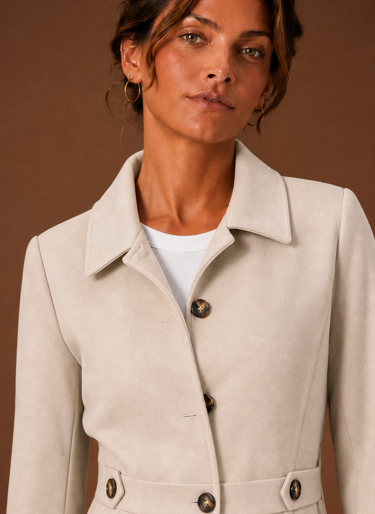 Close-up of the trench coat's button-front closure and front placket