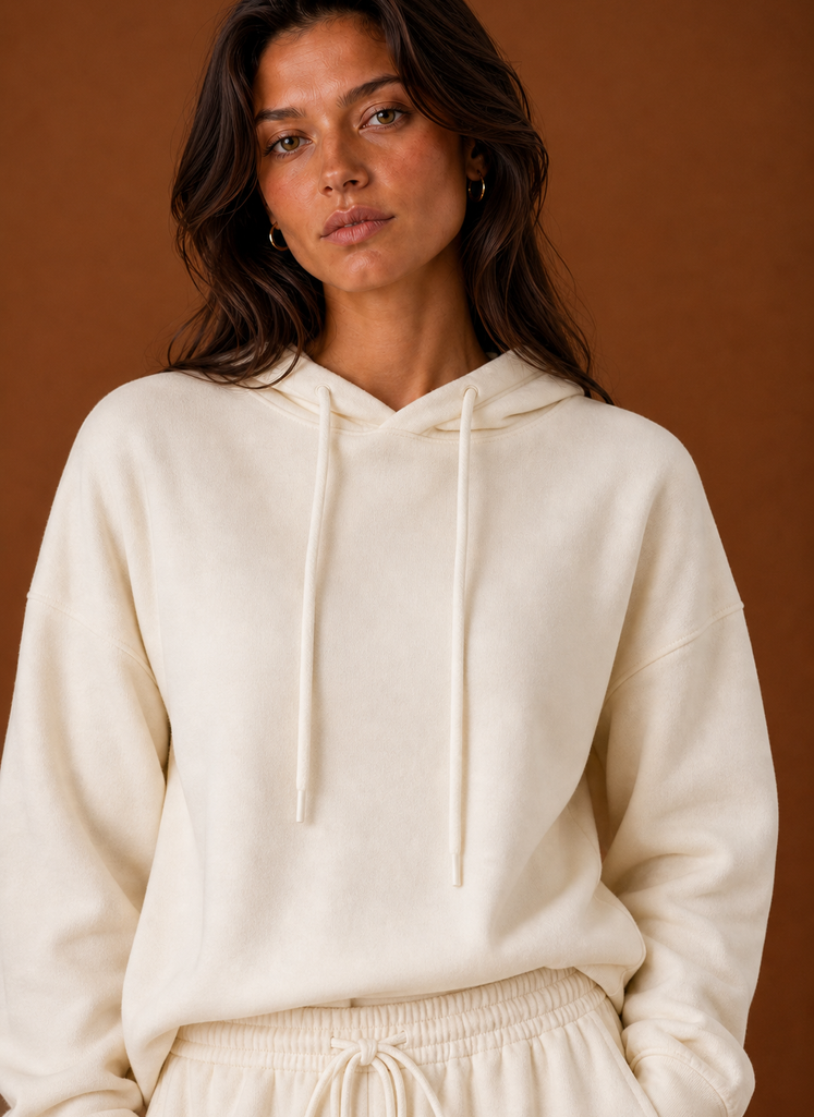 Close-up of the sweatsuit fabric and stitch detailing on the sweatshirt and pant waistband area