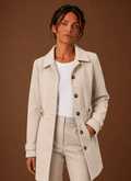 Front view of Areleon women's mid-length trench coat showing button-front closure and clean silhouette