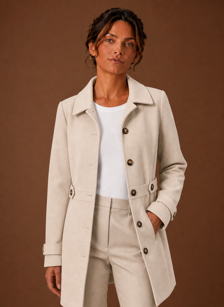 Front view of Areleon women's mid-length trench coat showing button-front closure and clean silhouette
