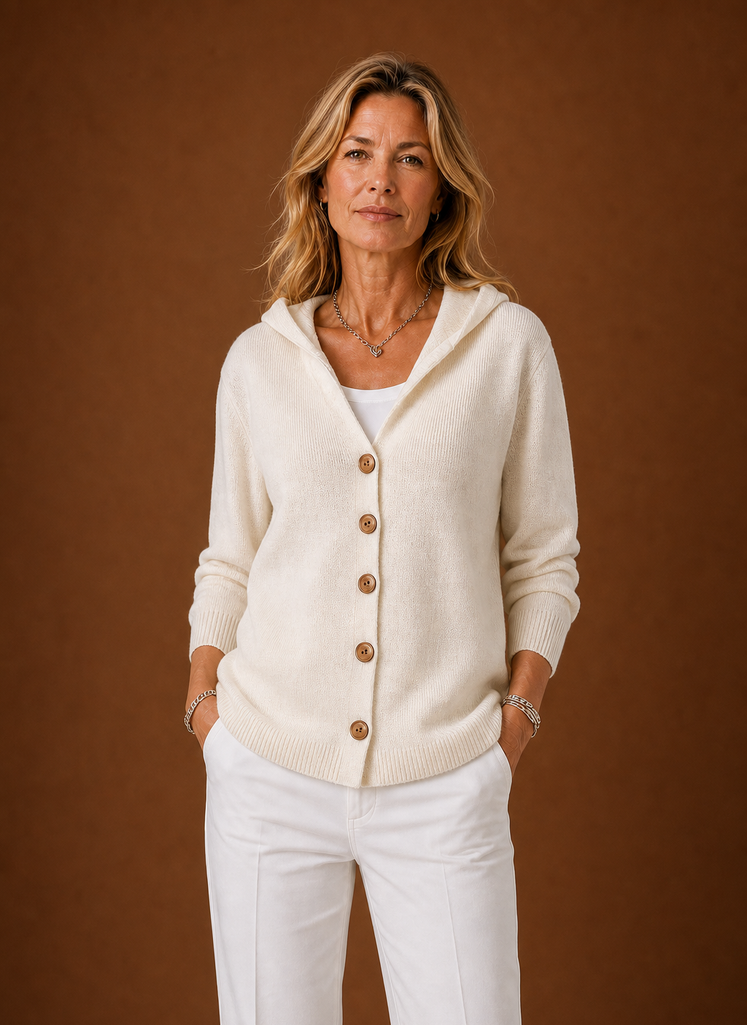 Front view of Areleon women's hooded button-up cardigan showing hood and button-front closure