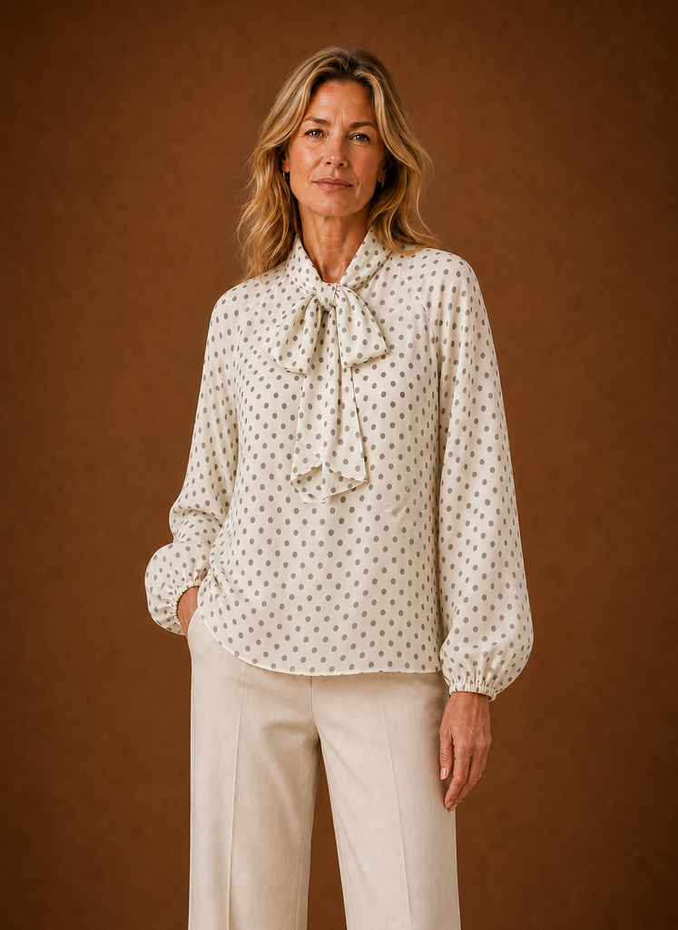 Front view of the women's polka dot blouse showing the high neckline and overall silhouette