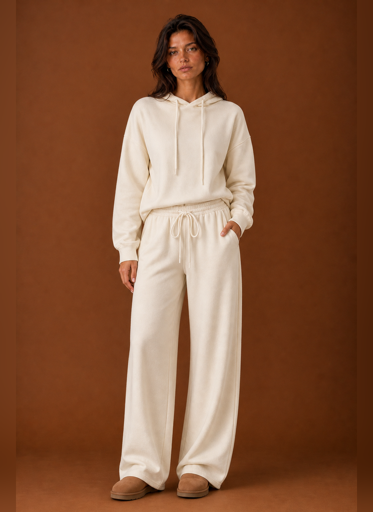 Front view of a women's two-piece sweatsuit set showing sweatshirt and matching pants on a mannequin