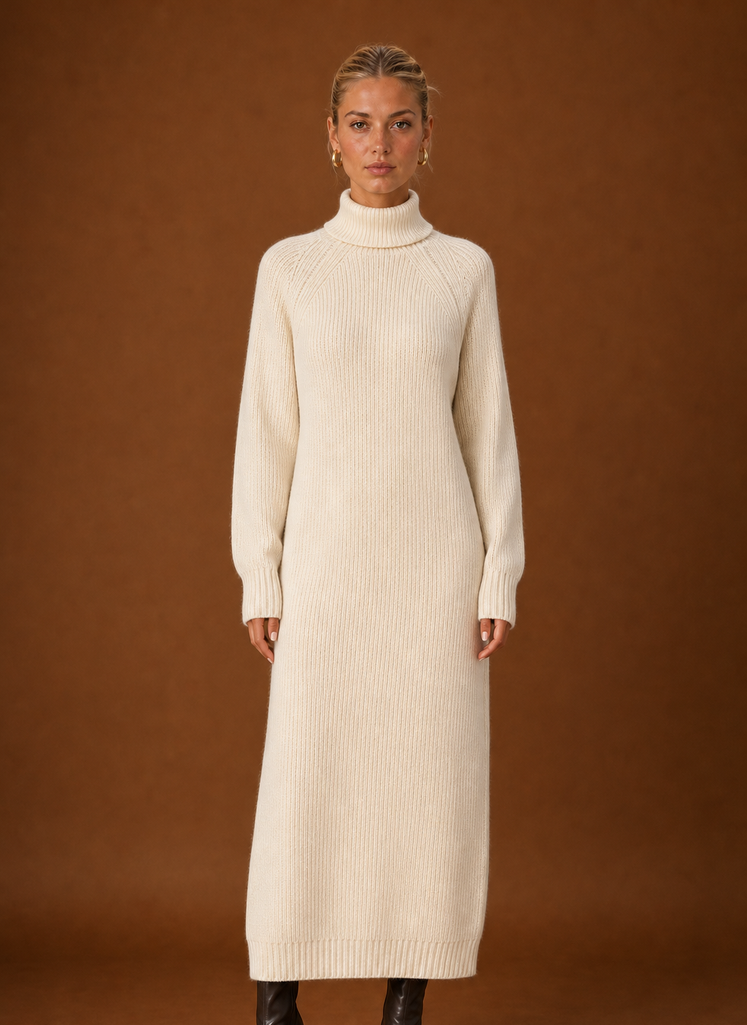 Front view of women's turtleneck ribbed knit maxi sweater dress on a mannequin