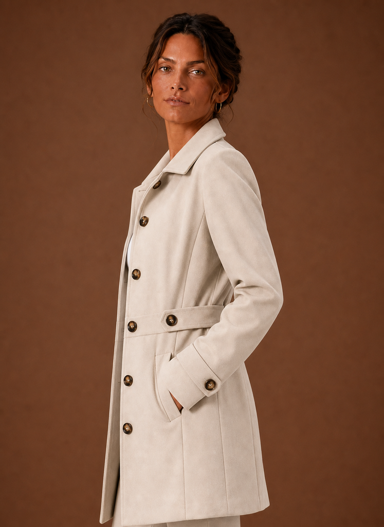 Side view of Areleon women's trench coat showing mid-length hem and long sleeve profile