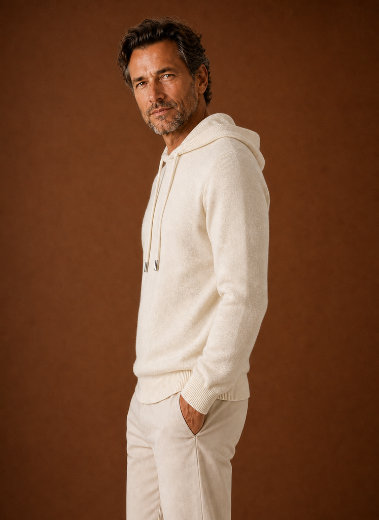Side profile of Areleon men's hooded sweater showing the hood and sleeve