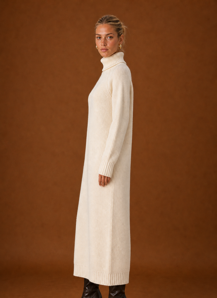 Side view of the turtleneck ribbed knit maxi dress showing the full-length silhouette