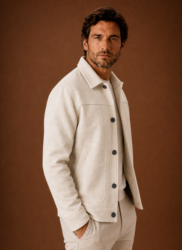 Side view of men's button-front casual jacket in Cream showing silhouette