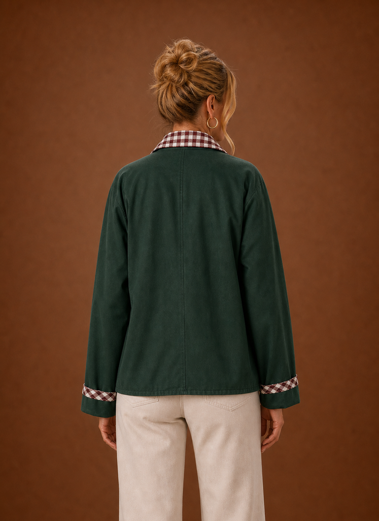 Back view of the barn jacket showing the clean, structured silhouette