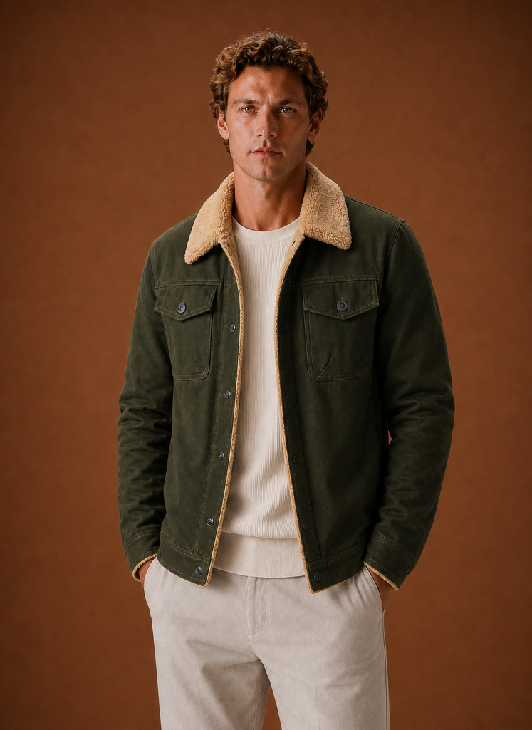 Front view of men's brown sherpa-lined jacket with fleece collar on a mannequin