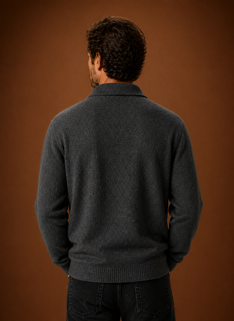 Back view of the Areleon knit cardigan with clean-finished hem