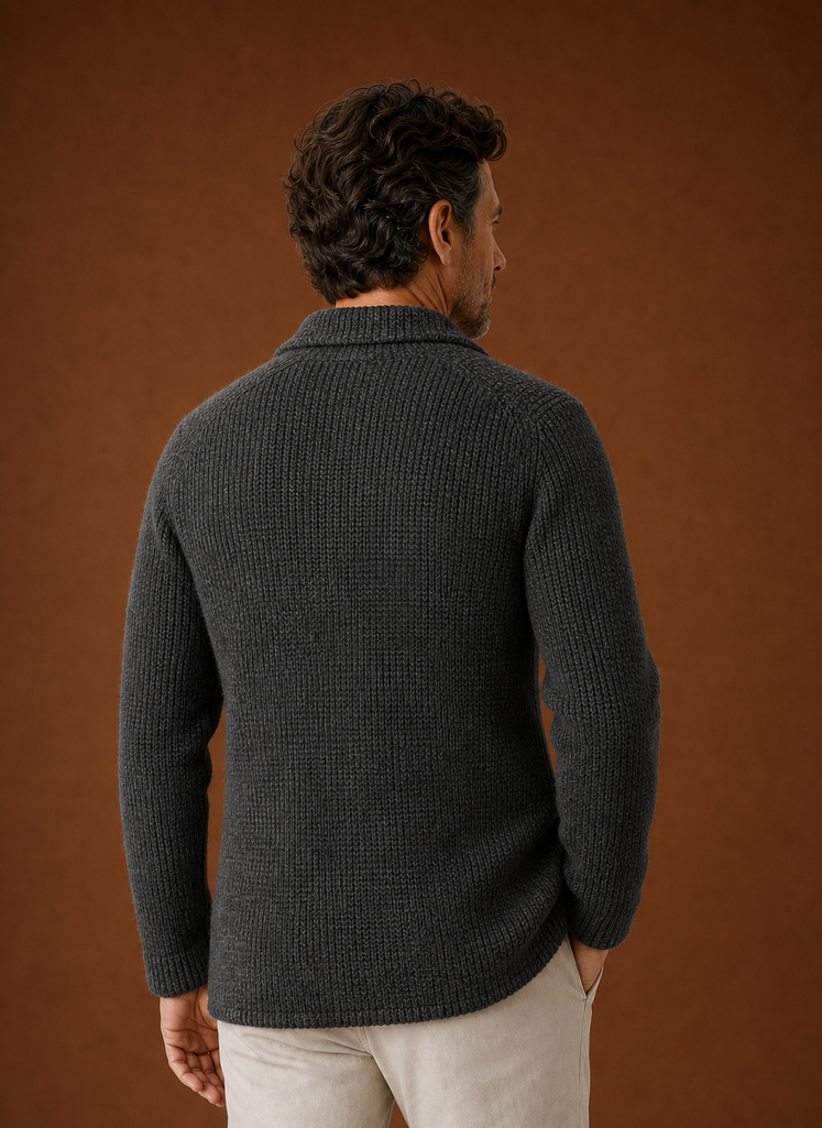 Back view of men's knit cardigan jacket displaying clean silhouette