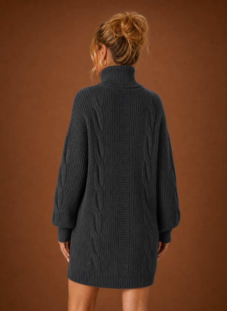 Back view of women's turtleneck sweater dress showing the rear silhouette and neckline
