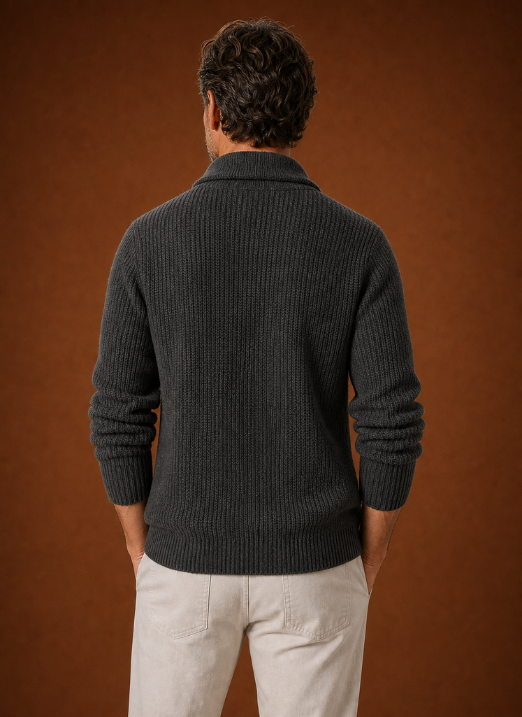 Back view of men's shawl collar cardigan showing the collar and straight hem