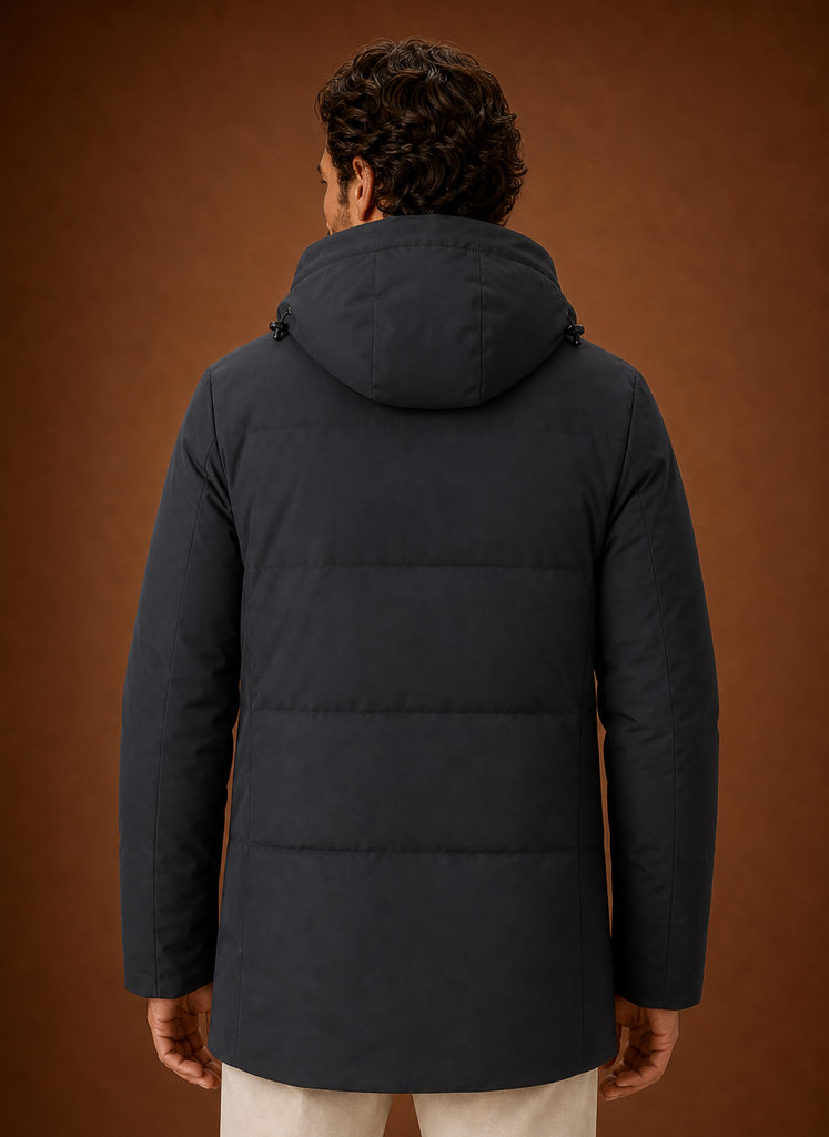 Back view of men's hooded puffer jacket with hood visible