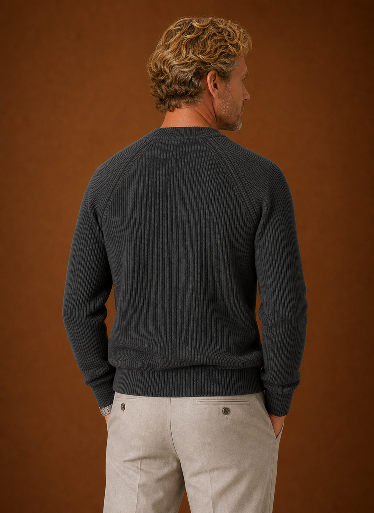 Back view of men's ribbed henley shirt showing clean ribbed texture