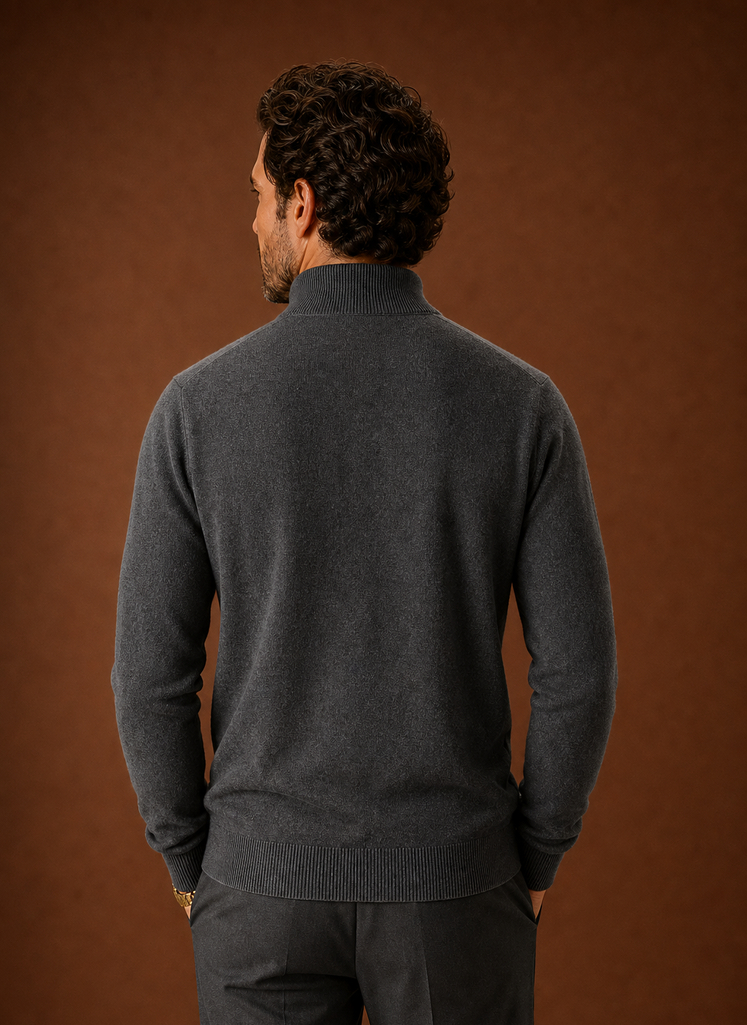 Back view of the mock neck sweater showing a clean hem and fit