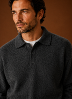Close-up of the button-front and V-neckline detail on the Areleon cardigan