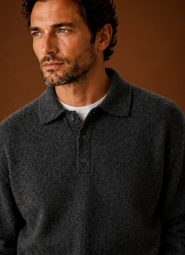 Close-up of the button-front and V-neckline detail on the Areleon cardigan