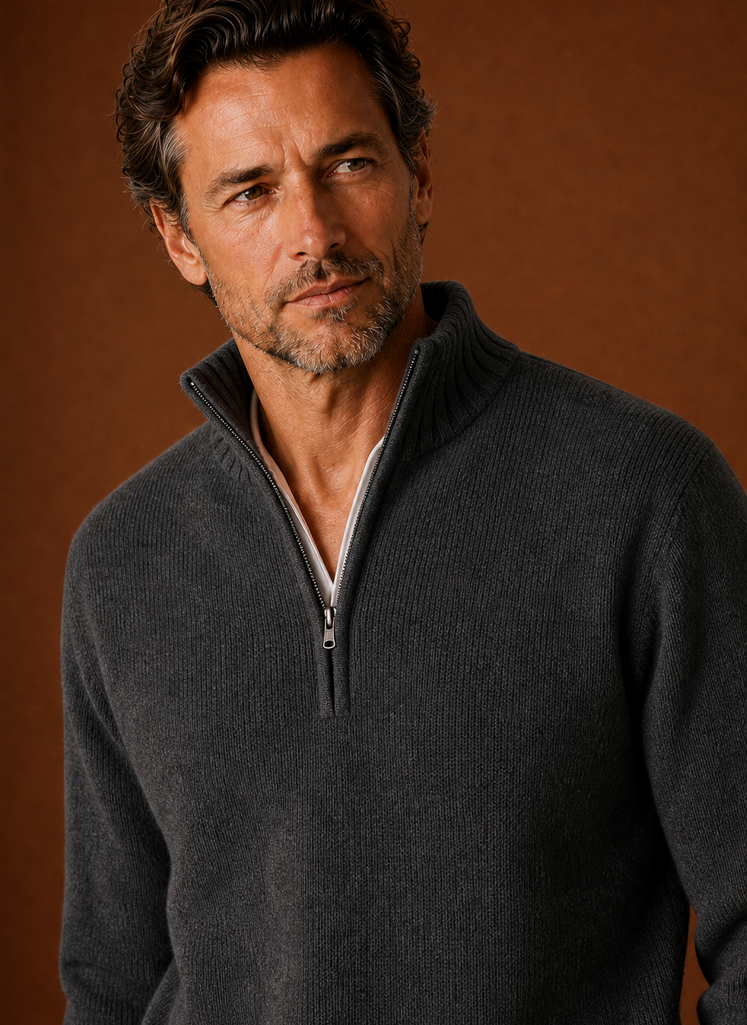 Close-up of Areleon men's half-zip knit sweater showing knit texture and zipper