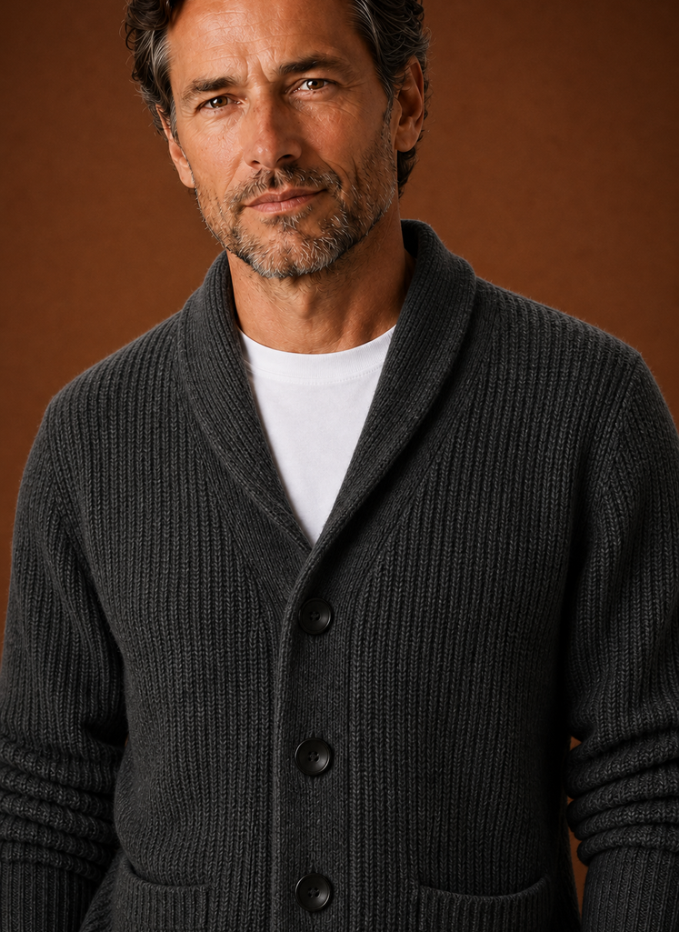 Close-up of the shawl collar and neckline detail