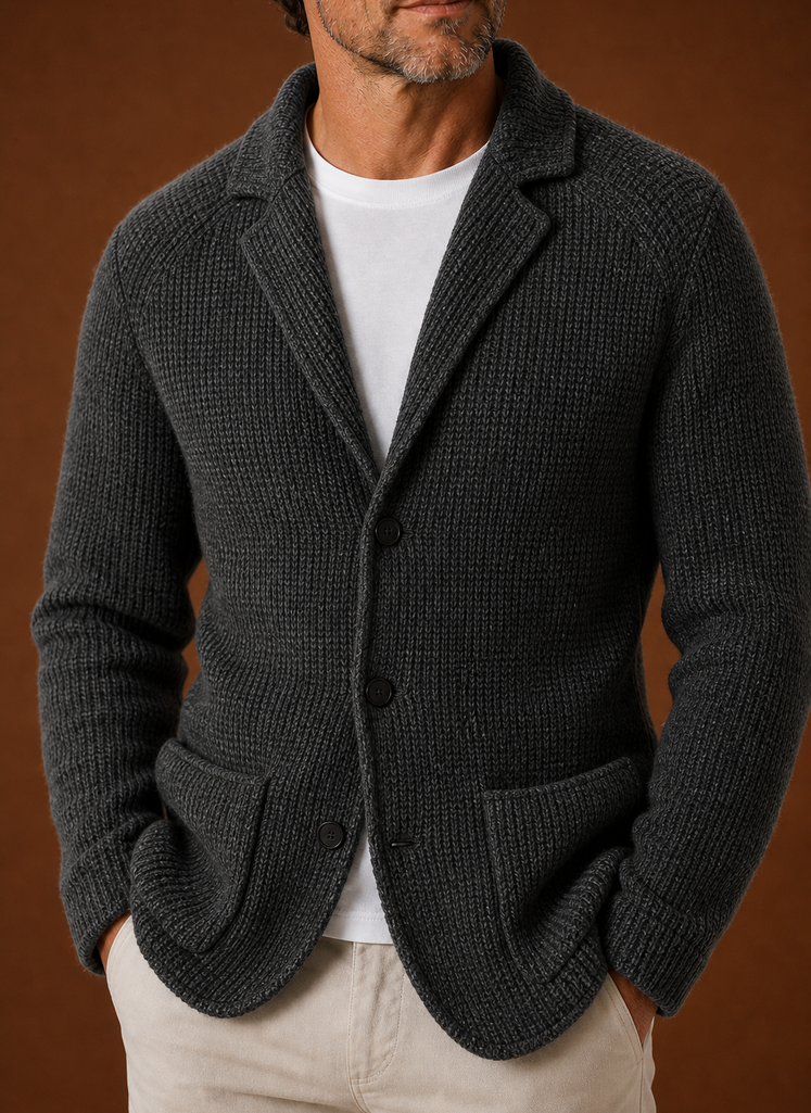 Close-up of button-front closure and blazer-style collar on men's knit cardigan jacket
