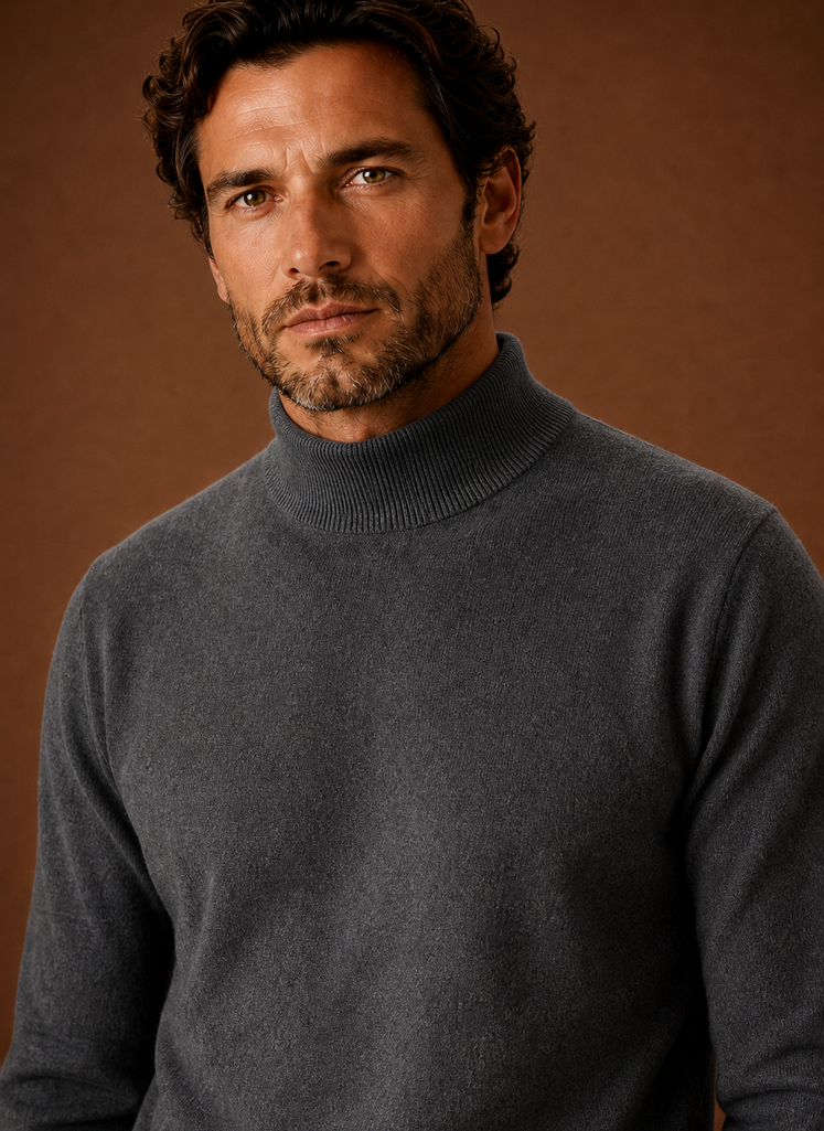 Close-up of the mock neckline and knit detail on the Areleon sweater