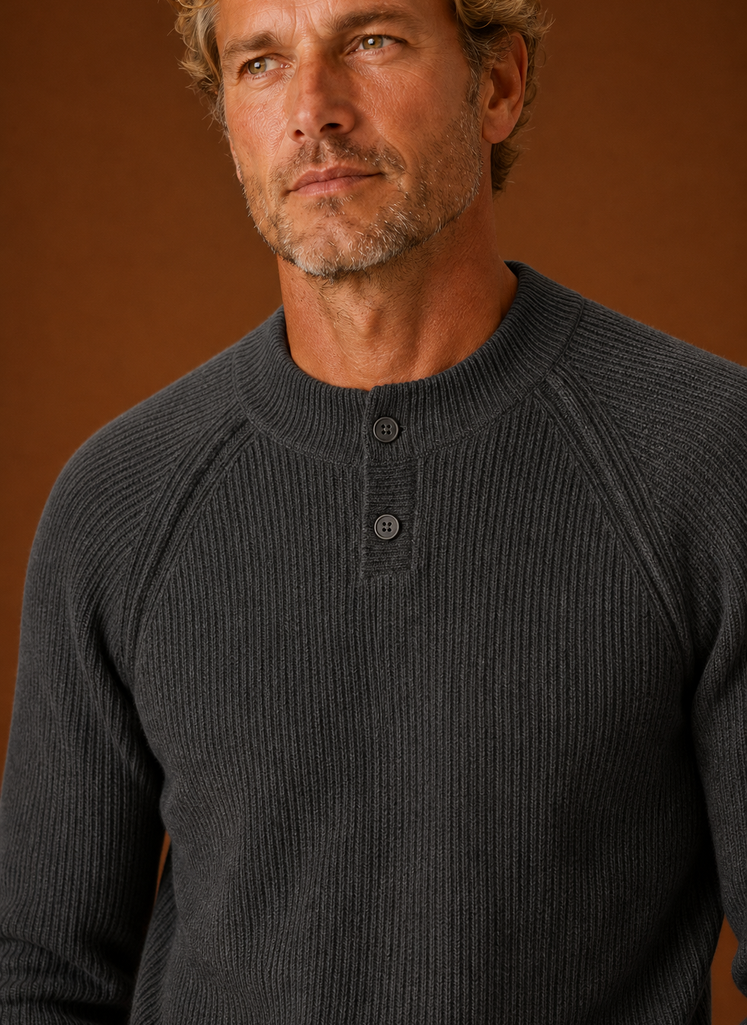 Close-up of henley button placket and ribbed knit texture