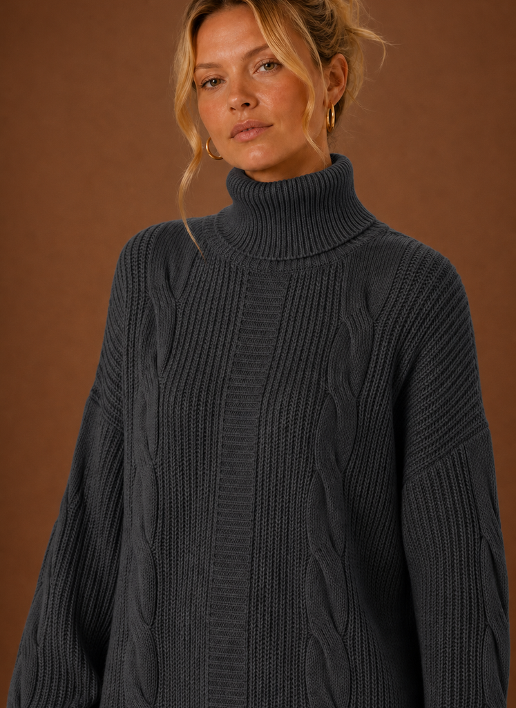 Close-up of the turtleneck and knit construction detailing on the sweater dress