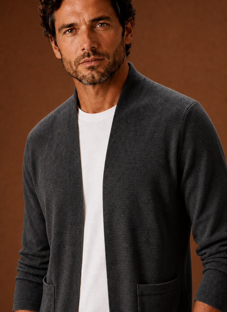 Close-up of the open-front cardigan's stitch detail and neckline