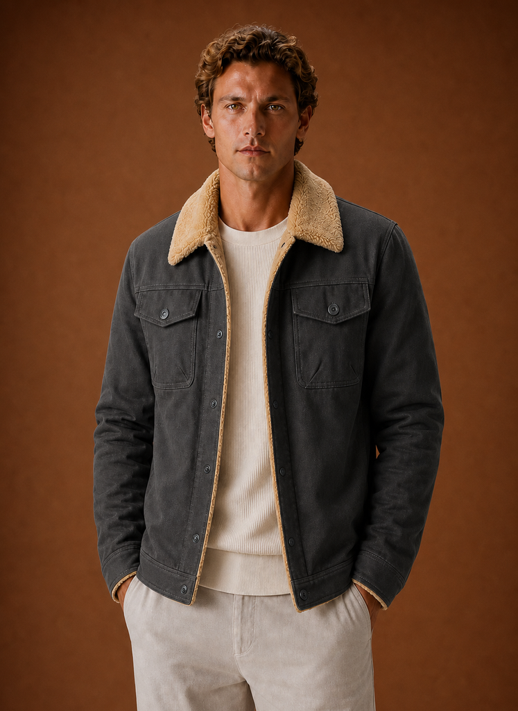 Front view of men's brown sherpa-lined jacket with fleece collar on a mannequin