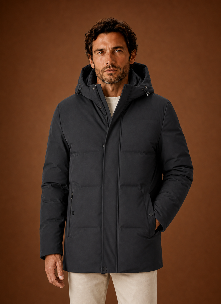 Front view of men's hooded puffer jacket in black on a mannequin