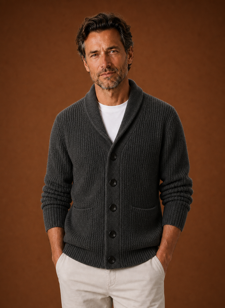 Front view of men's shawl collar cardigan showing the shawl neckline and front silhouette