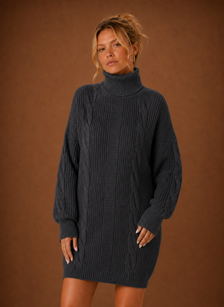 Front view of women's turtleneck sweater dress showing the turtleneck neckline and overall knit silhouette