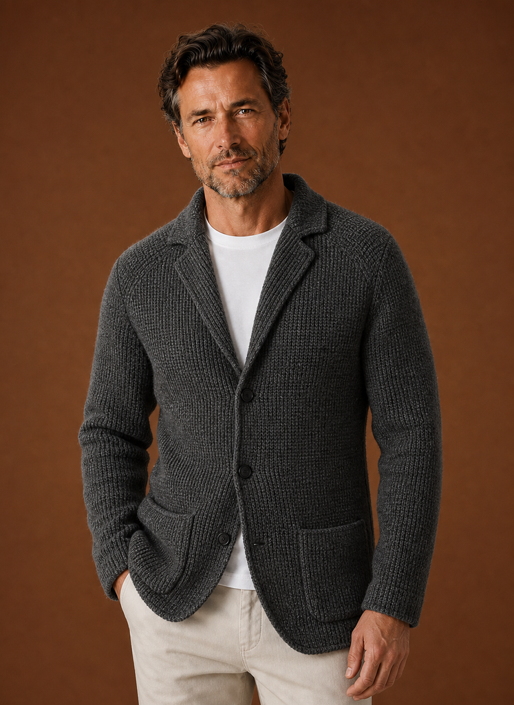 Front view of men's knit cardigan jacket with button-front closure on mannequin