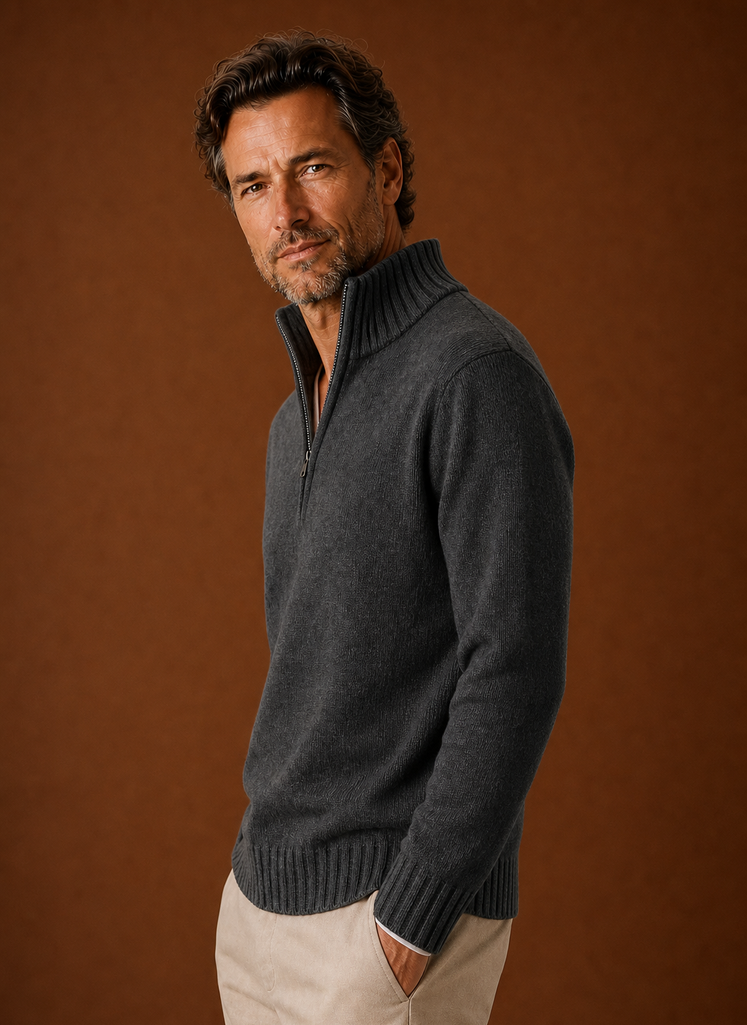 Side profile of Areleon men's half-zip knit sweater showing neckline and sleeve