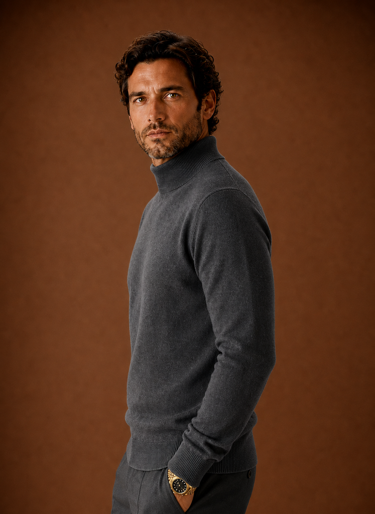 Side view of the mock neck sweater showing the neckline and sleeve silhouette