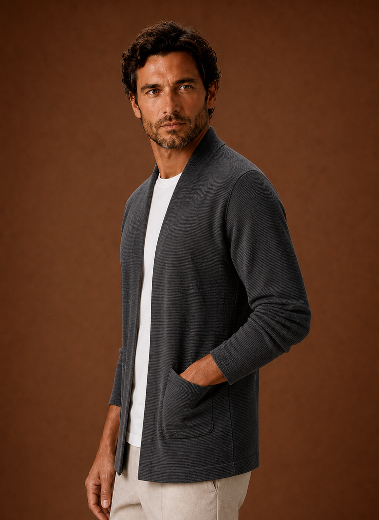 Side view of Areleon men's open-front cardigan showing profile and drape